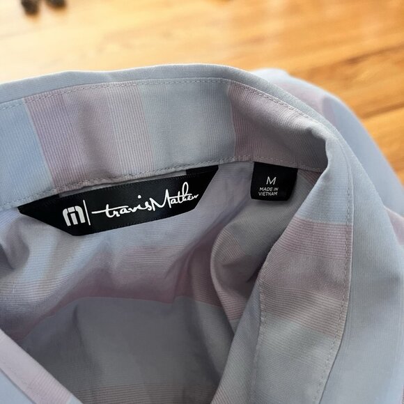 Travis Mathew Shirt Mens M Purple Blue Golf Button Up Stretch Striped Casual - Picture 5 of 10